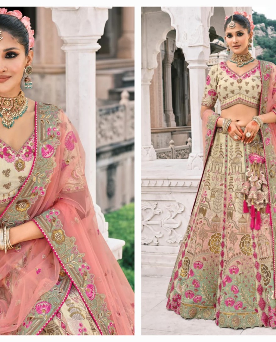 PEACH - Peach & Off-White Fancy Silk Lehenga Choli With Cut Work Embroidery Border & Stone Work